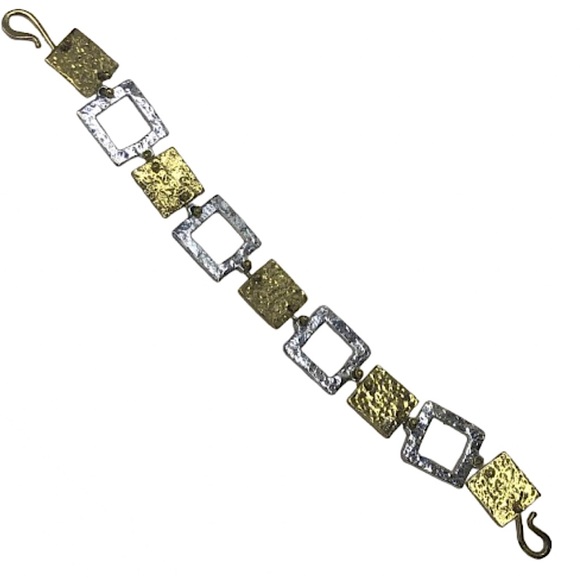 HAMMERED Two Tone Square Earrings and Bracelet Set - Picture 12 of 14